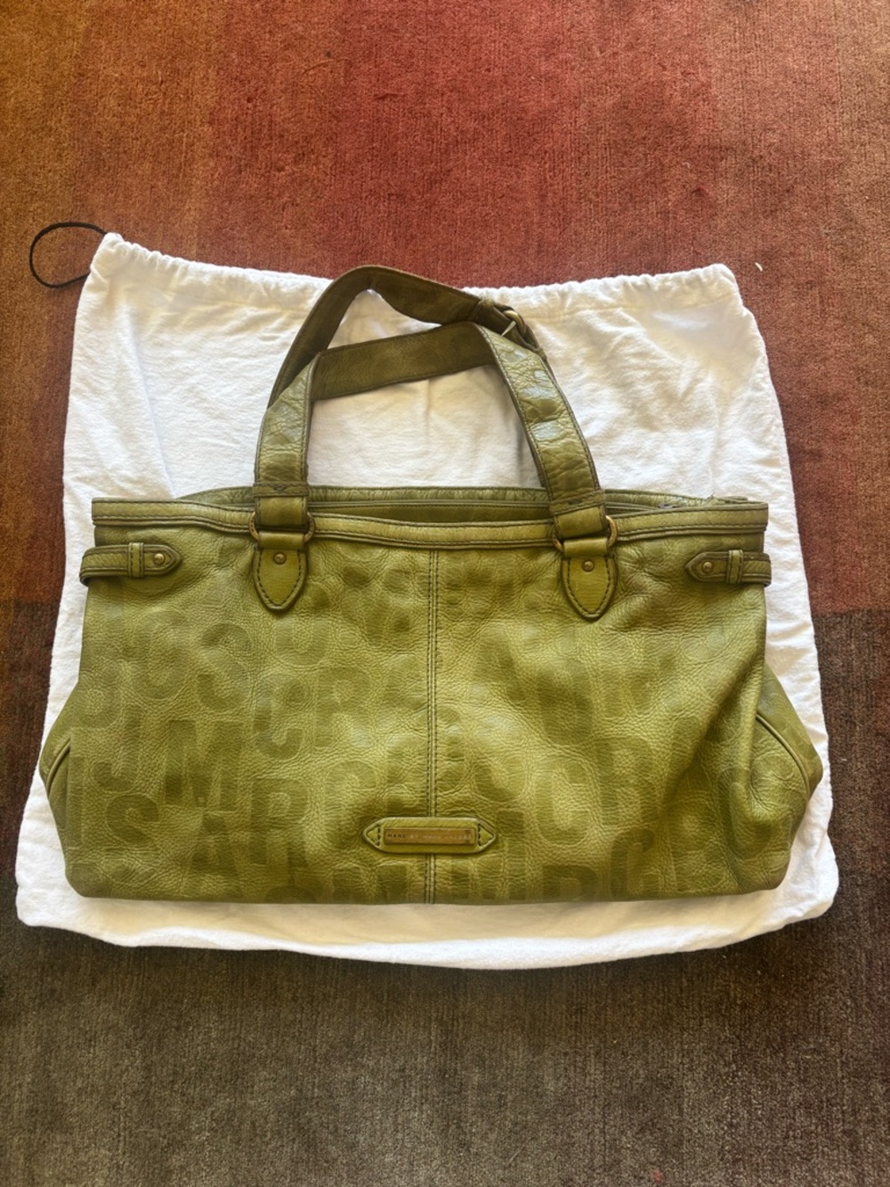 Marc by Marc Jacobs Olive Green Leather Logo-Print Tote Bag